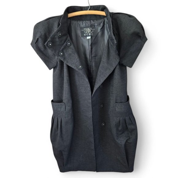 Tcec Womens Small Cloud Sleeve Linen Look Black Dress Bubble Skirt Snap Front - Picture 2 of 9